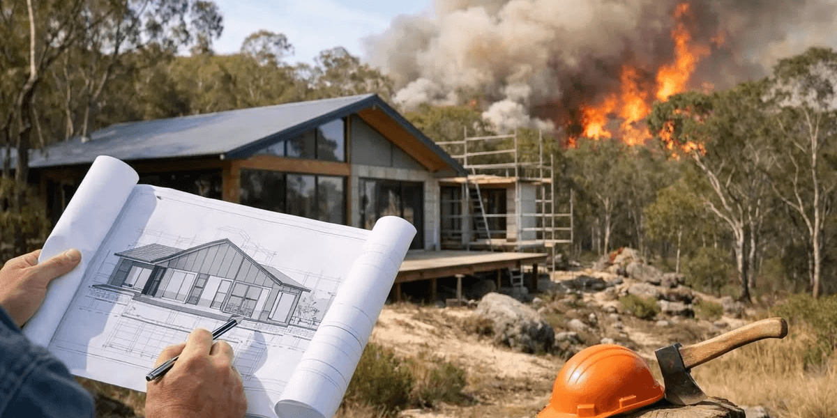 Person sketching house plans in foreground with wildfire burning in the background.