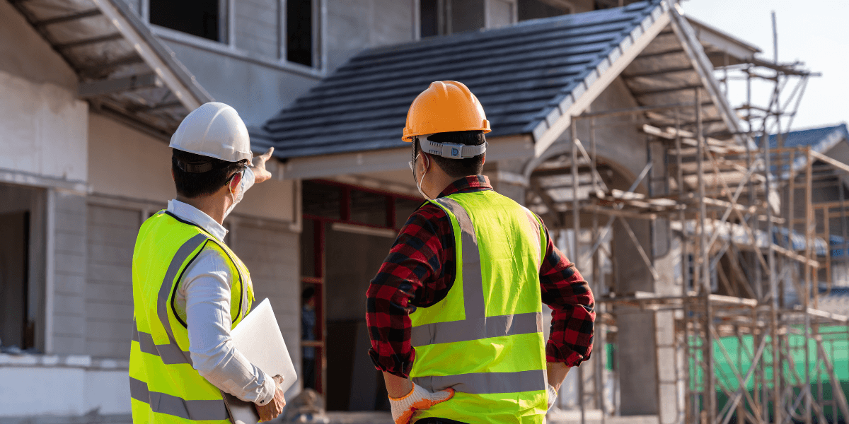 Two construction workers discussing a building project at a construction site