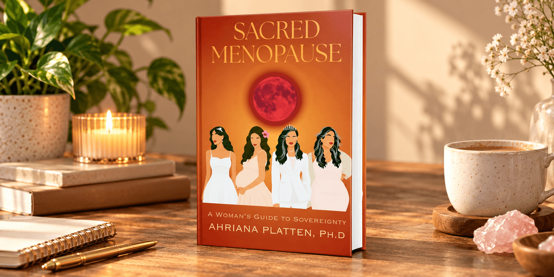 Book titled "Sacred Menopause" by Ahriana Platten, displayed among plants and candles.