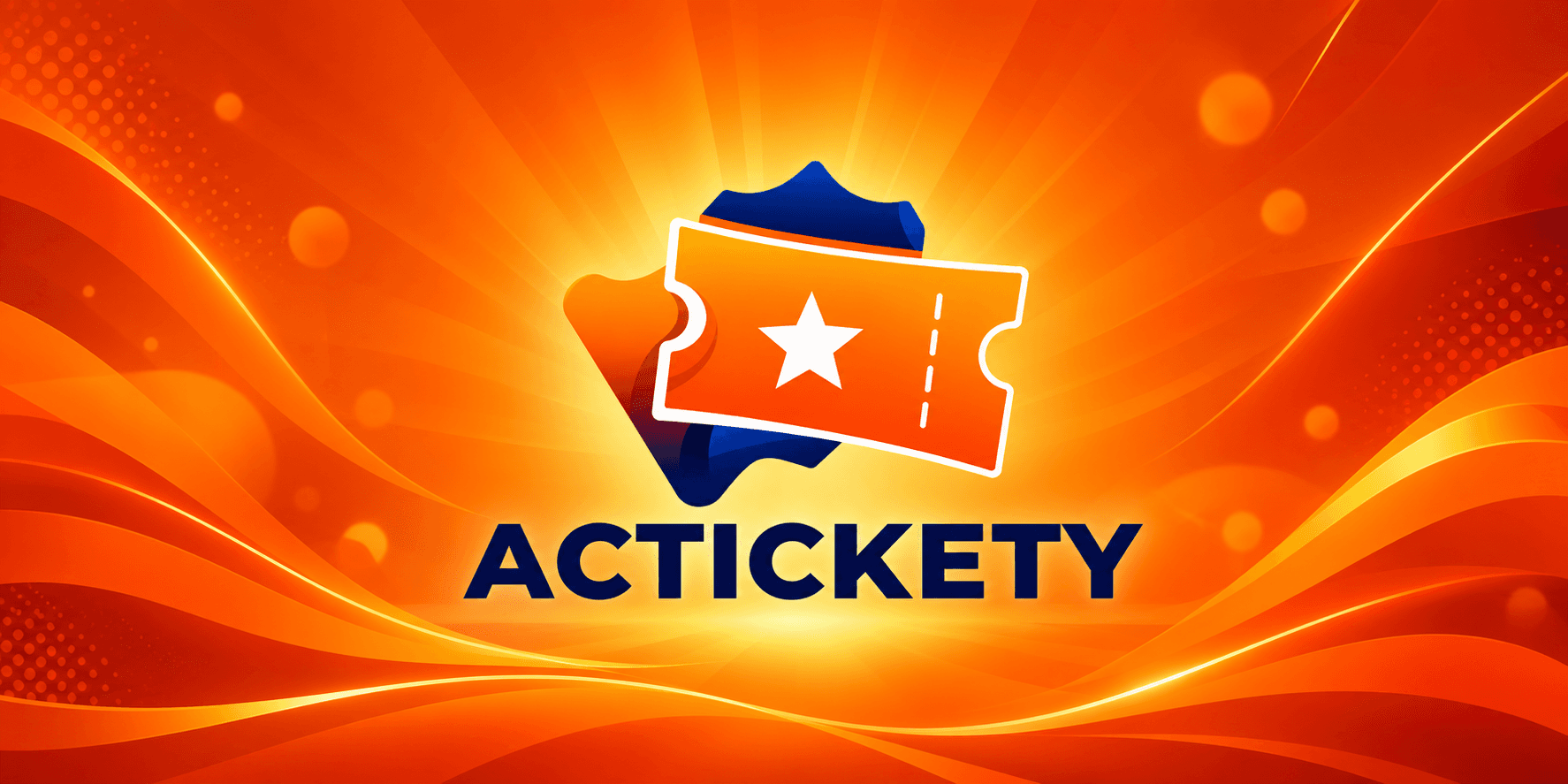 Colorful logo featuring a ticket and shield, with the text Actickety below.