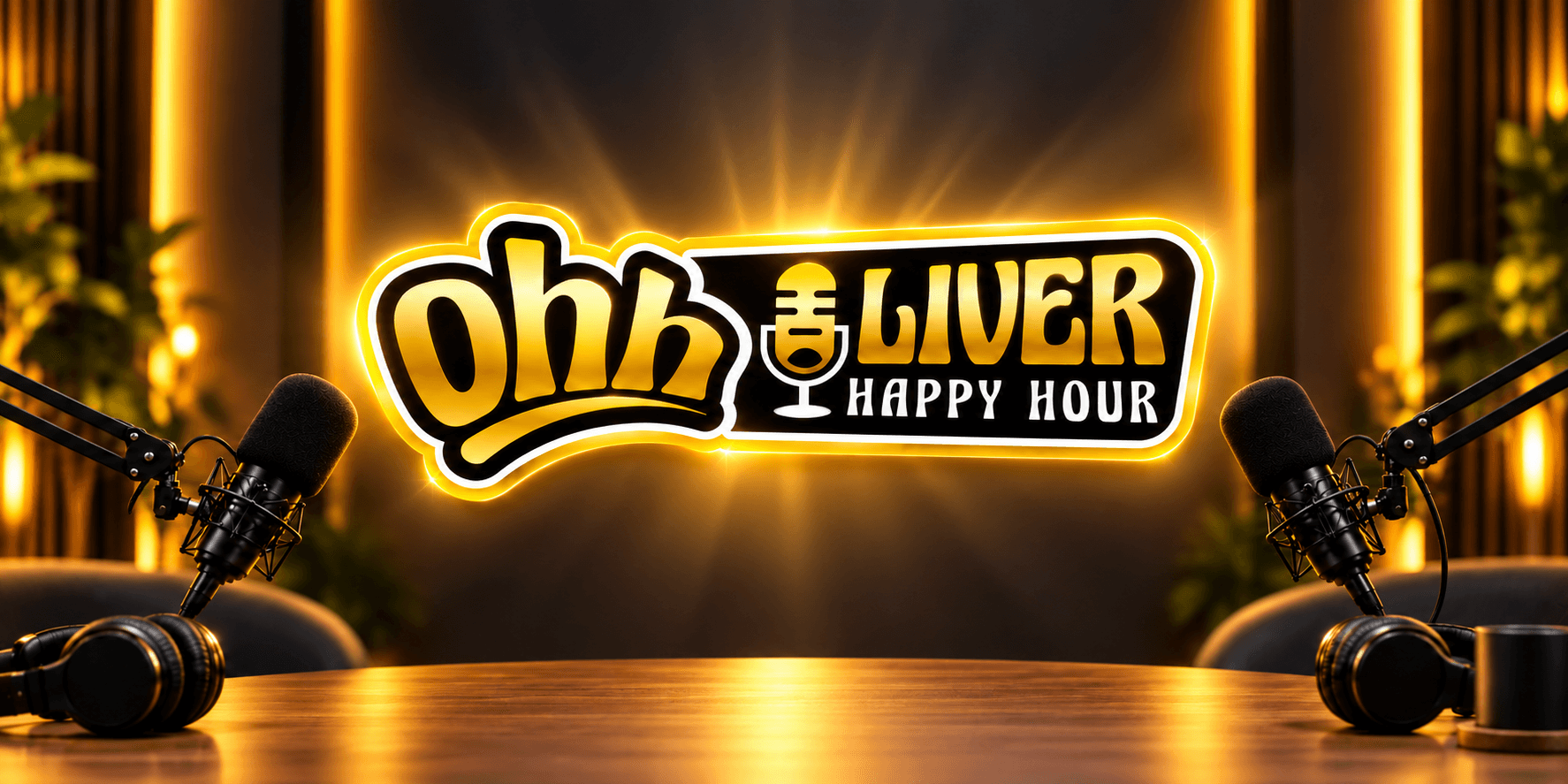 Podcast studio setting with glowing "Ohh Liver Happy Hour" logo and microphones.