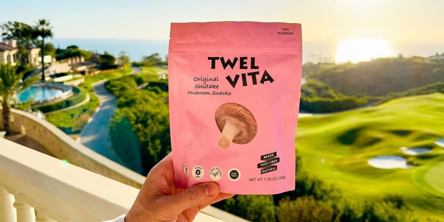 A person holds a pink mushroom snack pouch overlooking a scenic golf course and ocean.