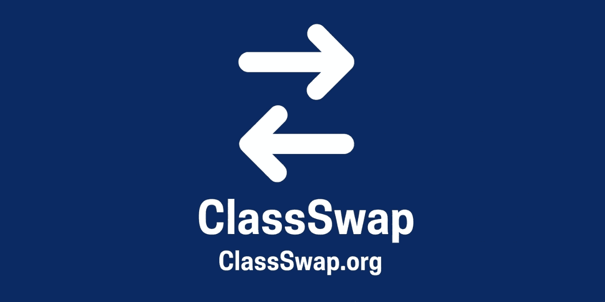 Logo of ClassSwap featuring arrows and text on a blue background