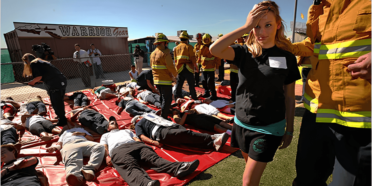 Emergency responders assist individuals lying on red mats during a disaster simulation exercise
