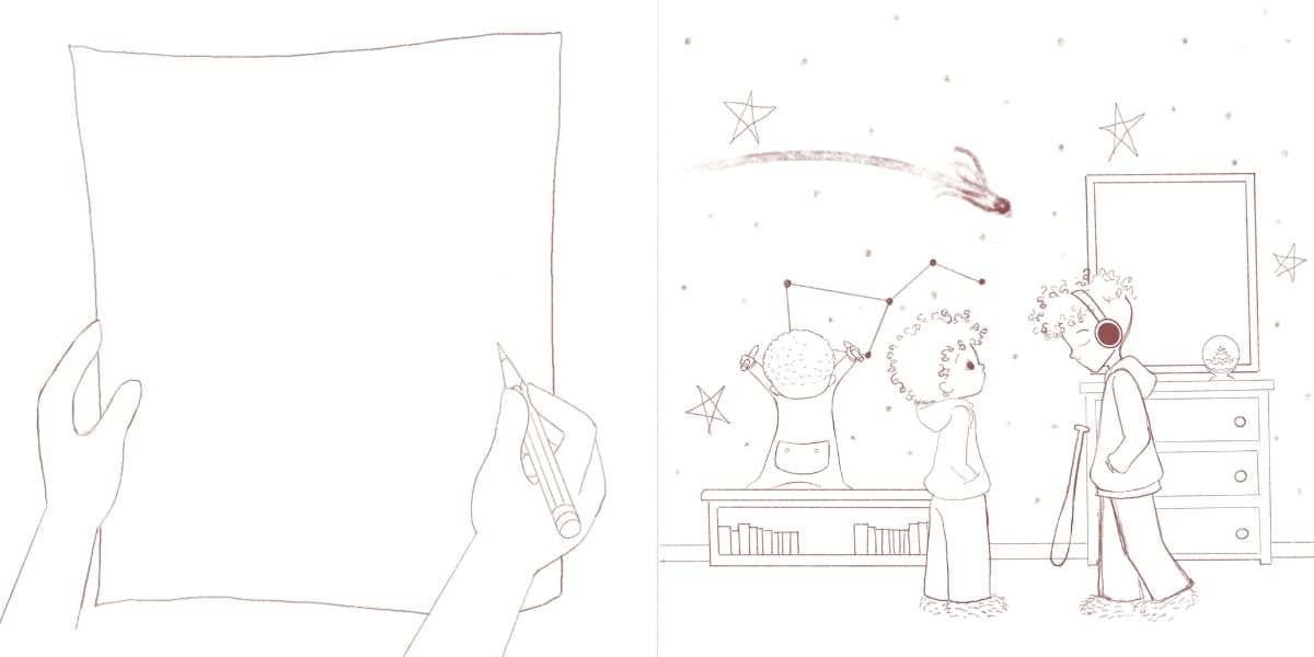 A child with headphones and a second child looking at stars, embodying the spirit of kindness and self-acceptance.