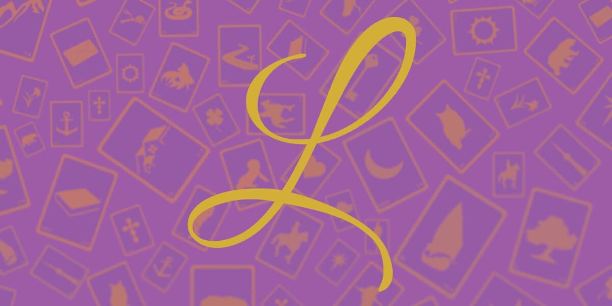 Gold scripted “L” over purple background with scattered Lenormand card symbols representing the Lenormand Reader brand.