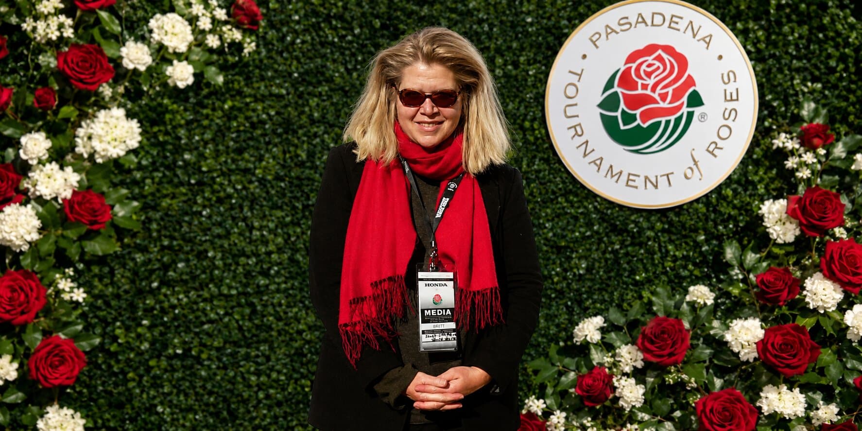 Janet Walker posing at the Pasadena Tournament of Roses media event.