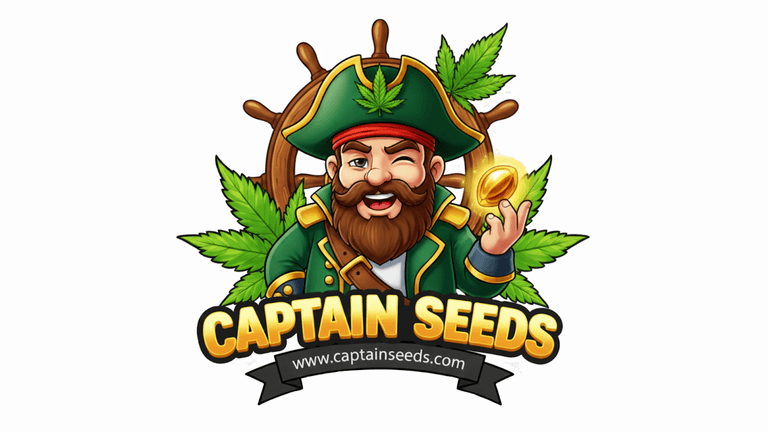 "Captain Seeds logo featuring a pirate with a cannabis leaf and a coin."