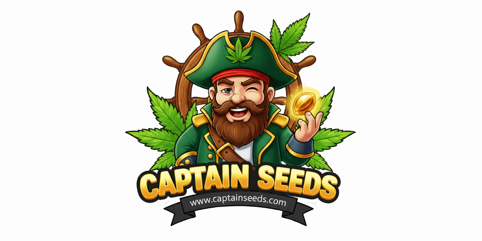 "Captain Seeds logo featuring a pirate with a cannabis leaf and a coin."