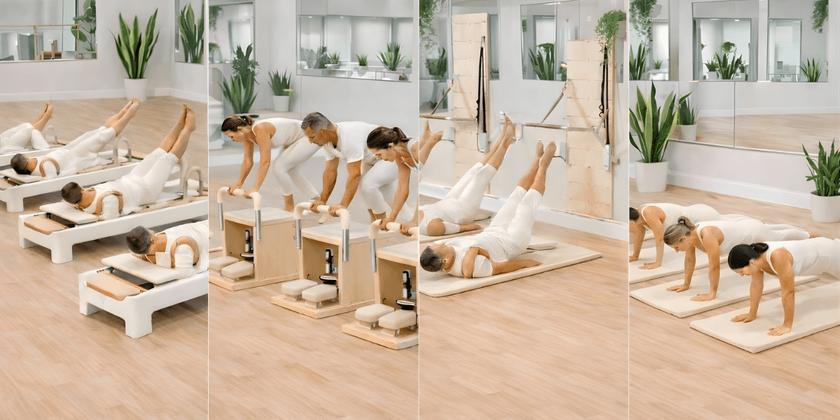 Clients practicing classical Pilates on various equipment in a bright, community-focused studio at Pilates 80/20™.