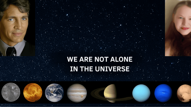 Starry background with two portraits, planetary images, and the words “We Are Not Alone in the Universe.”