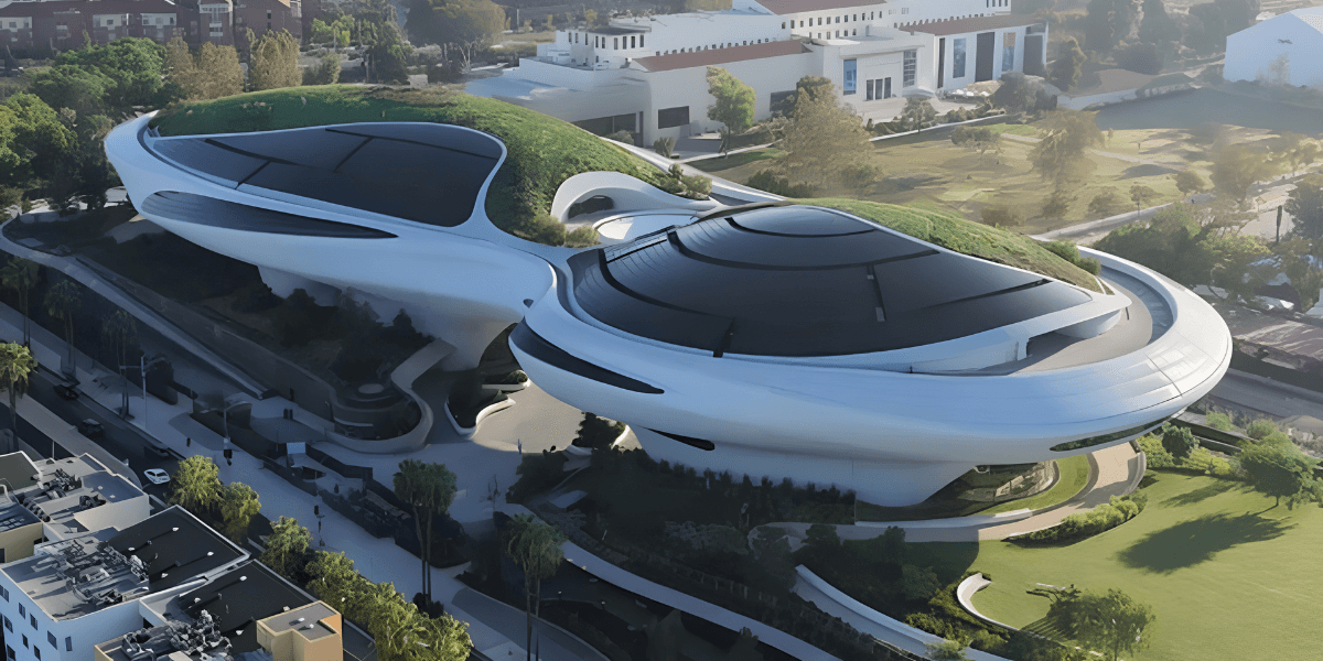 Futuristic building with green roofs and curved white structures surrounded by landscaped grounds