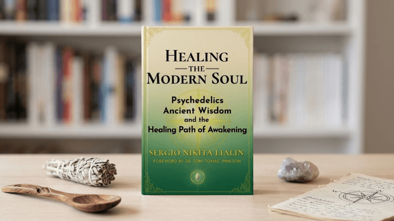 Book titled "Healing the Modern Soul" displayed with a wooden spoon and herbs.