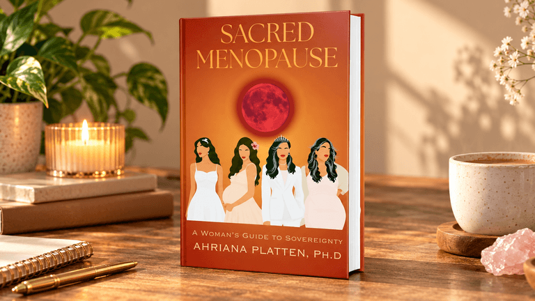 Book titled "Sacred Menopause" by Ahriana Platten, displayed among plants and candles.