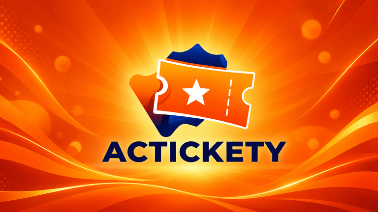 Colorful logo featuring a ticket and shield, with the text Actickety below.