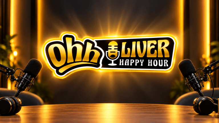 Podcast studio setting with glowing "Ohh Liver Happy Hour" logo and microphones.