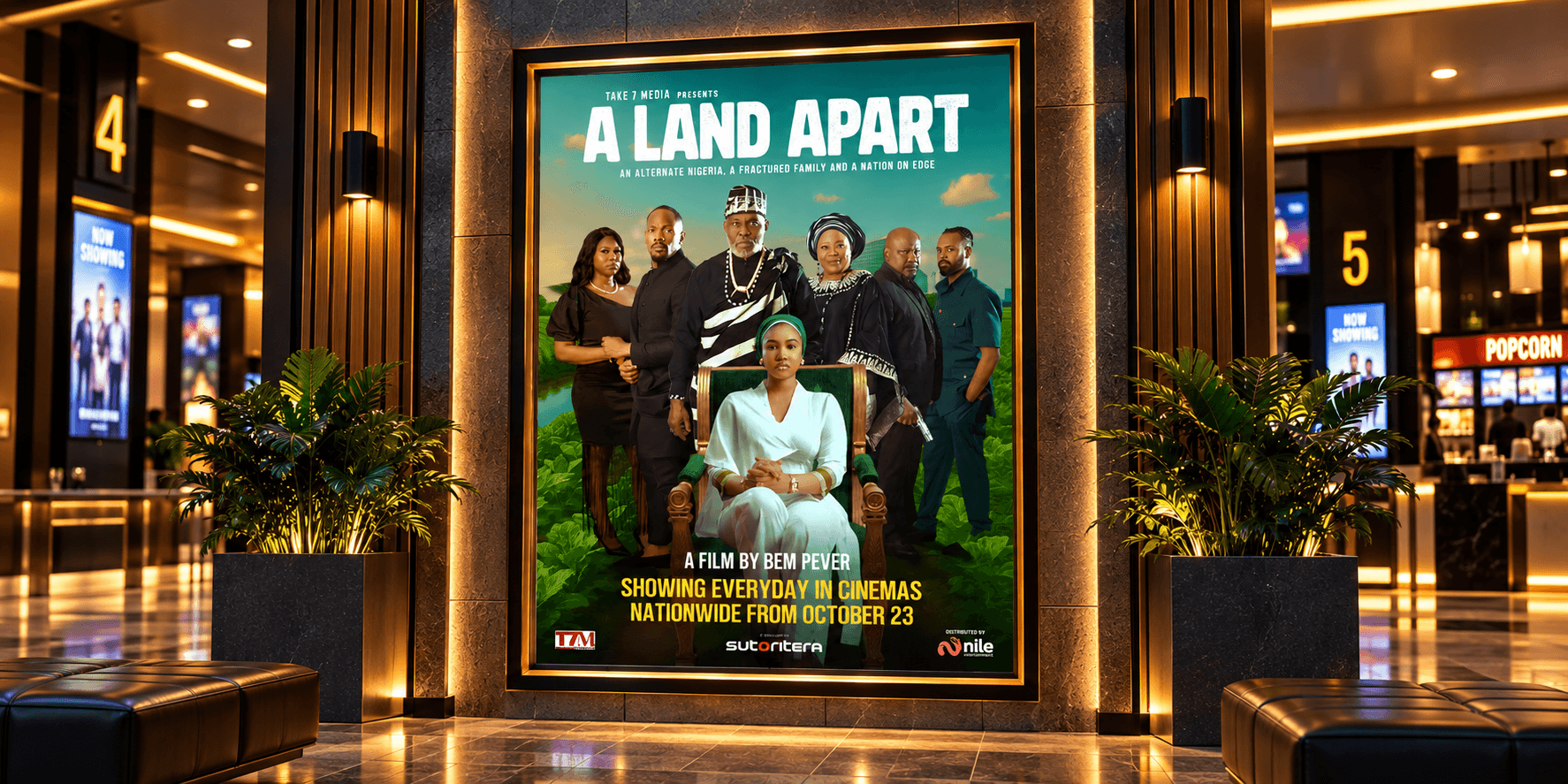 Movie poster for "A Land Apart" displayed in a cinema lobby
