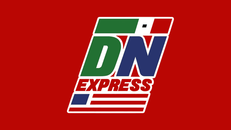 Logo of DN Express featuring green, white, and red colors with a striped design