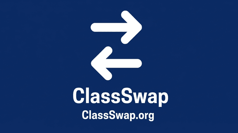 Logo of ClassSwap featuring arrows and text on a blue background