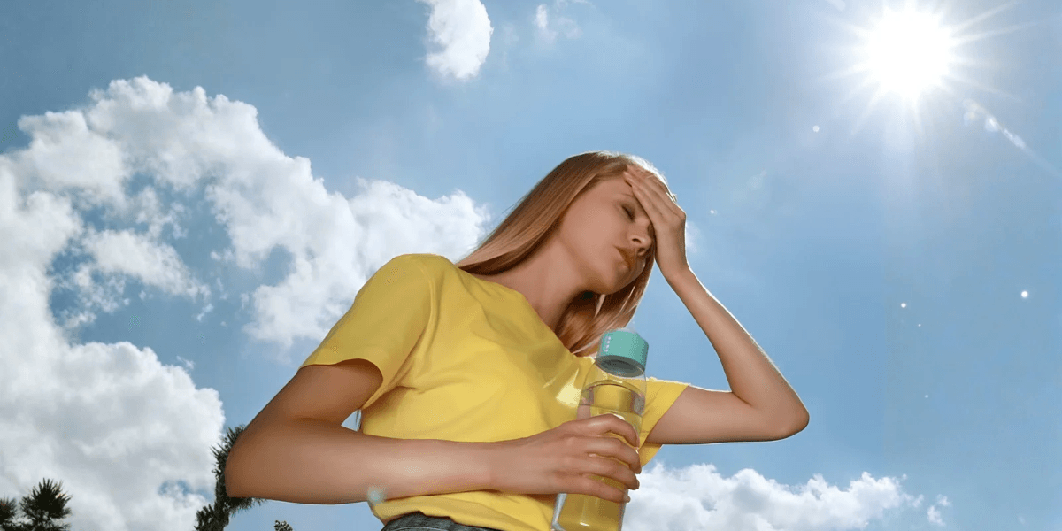 A woman in a yellow shirt holds a water bottle, shielding her eyes from the sun