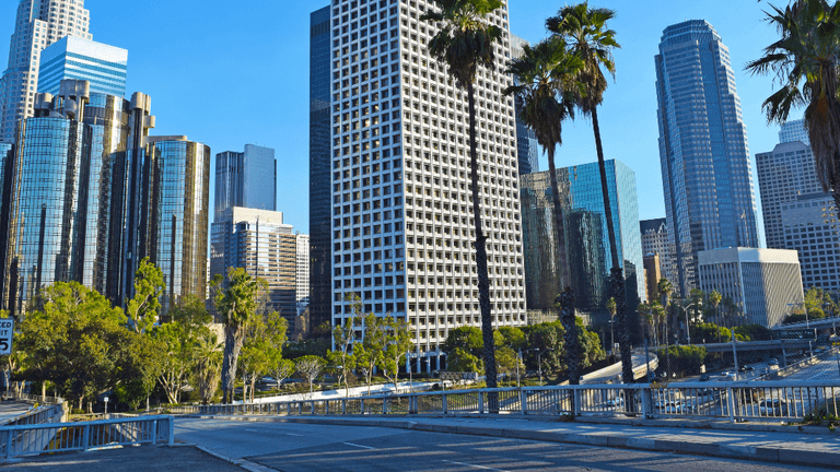 Skyline of downtown Los Angeles with palm trees and modern skyscrapers under blue sky