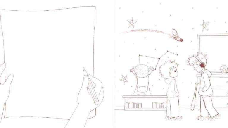 A child with headphones and a second child looking at stars, embodying the spirit of kindness and self-acceptance.