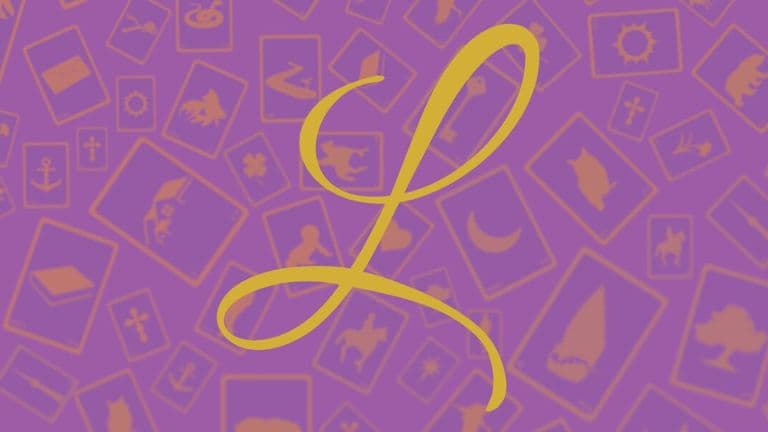 Gold scripted “L” over purple background with scattered Lenormand card symbols representing the Lenormand Reader brand.