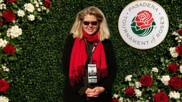 Janet Walker posing at the Pasadena Tournament of Roses media event.