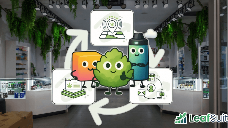Modern cannabis dispensary interior with LeafSuite cartoon characters representing marketing systems and customer engagement.