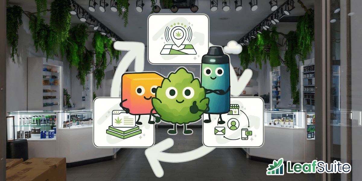 Modern cannabis dispensary interior with LeafSuite cartoon characters representing marketing systems and customer engagement.