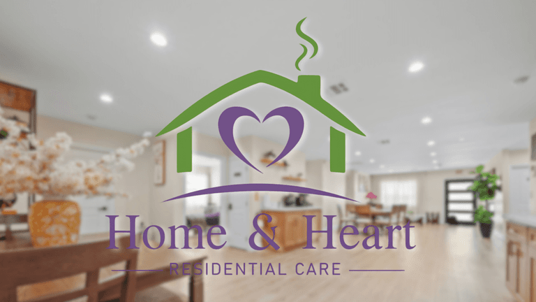 Home & Heart Residential Care logo displayed over a warm, welcoming residential care home interior.