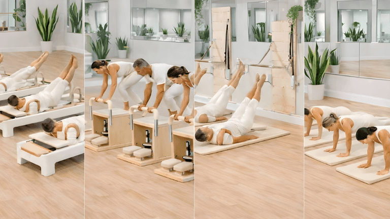 Clients practicing classical Pilates on various equipment in a bright, community-focused studio at Pilates 80/20™.