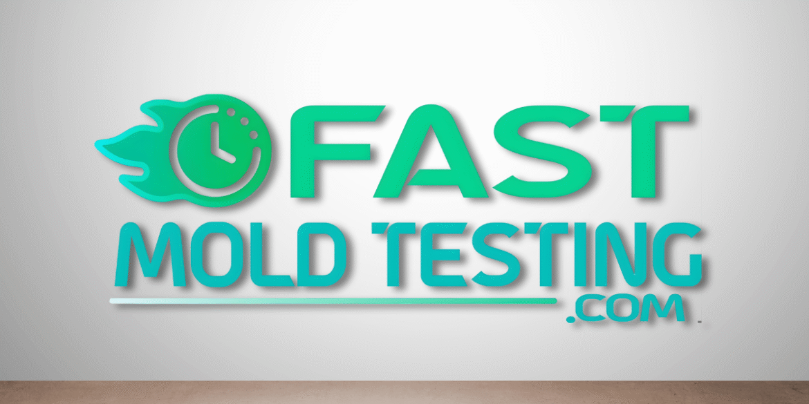 Logo for Fast Mold Testing featuring a clock icon with flames and teal text.