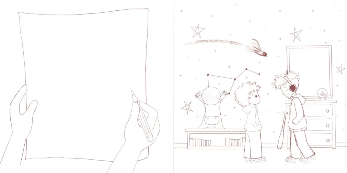 A child with headphones and a second child looking at stars, embodying the spirit of kindness and self-acceptance.