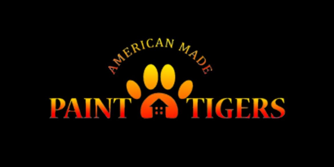 Logo for Paint Tigers, an American-made company specializing in exterior painting for coastal homes, featuring a paw print design.
