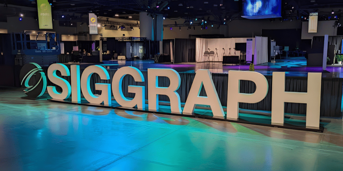 SIGGRAPH exhibition display inside a convention hall showcasing the annual computer graphics conference.